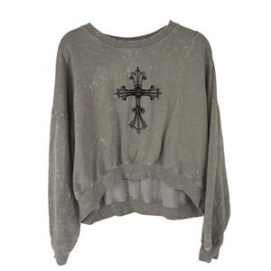 Daisy Street Sweatshirt Womens XL Gray Gothic Cross Acid Wash Cropped